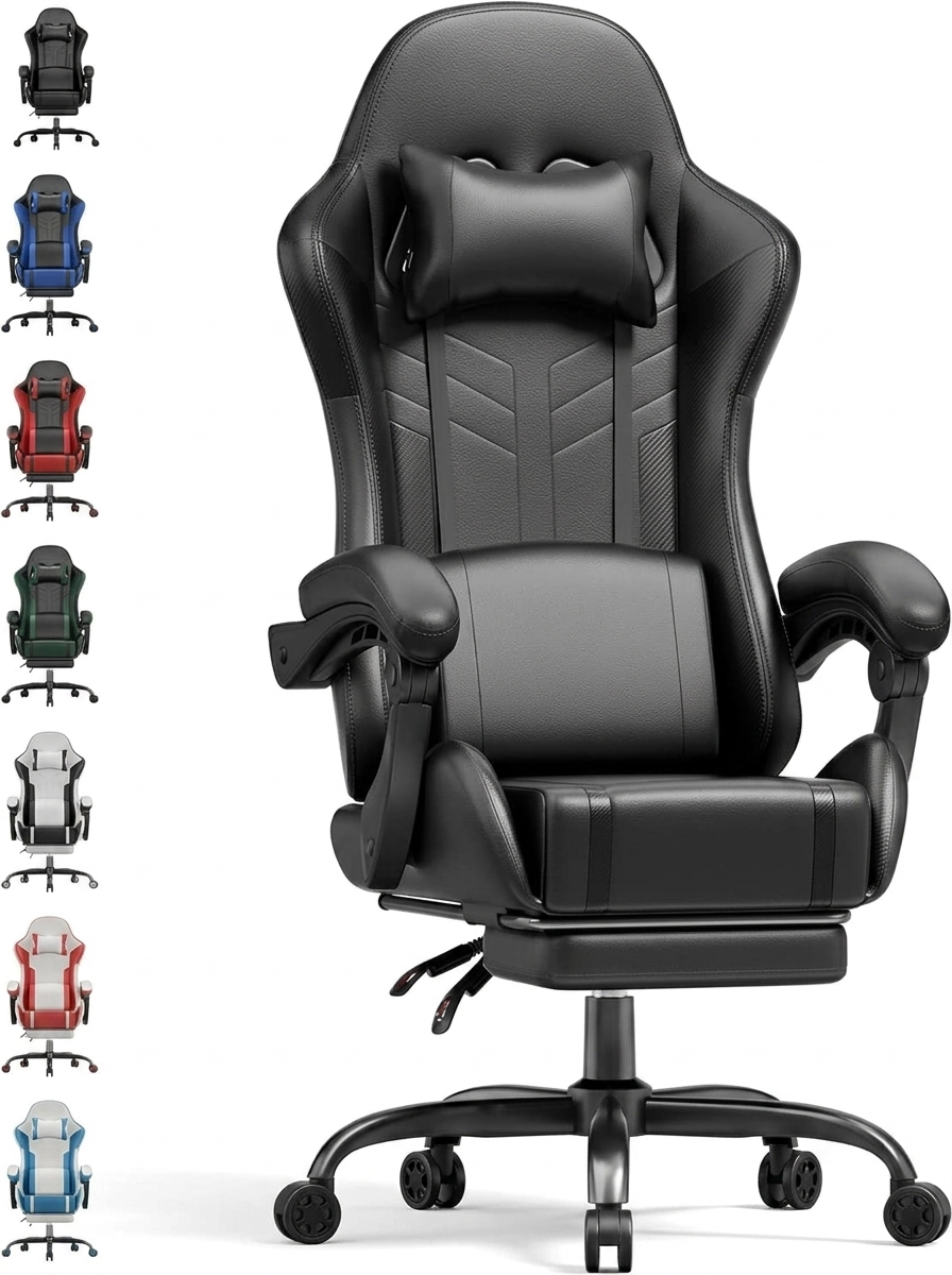 Silla Gaming con Masajeador, Silla Gamer con Cojín Lumbar Masajeador y Reposapiés, Sillón Gamer Ergonómica Altura Ajustable, Cadeira Gaming Negro y Verde