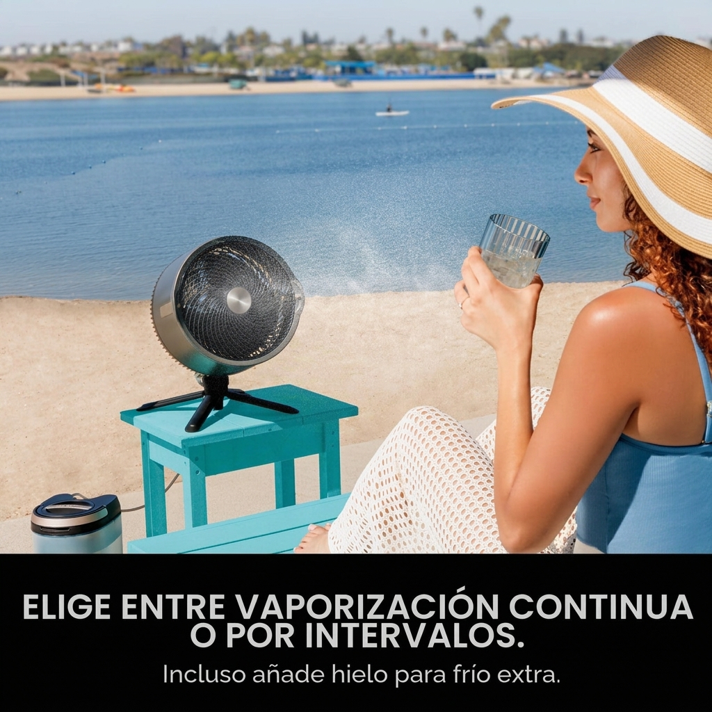 Ventilador inalámbrico para interiores y exteriores con sistema de nebulización al aire libre, alcance de enfriamiento de 20 m, tiempo de funcionamiento de 24 horas