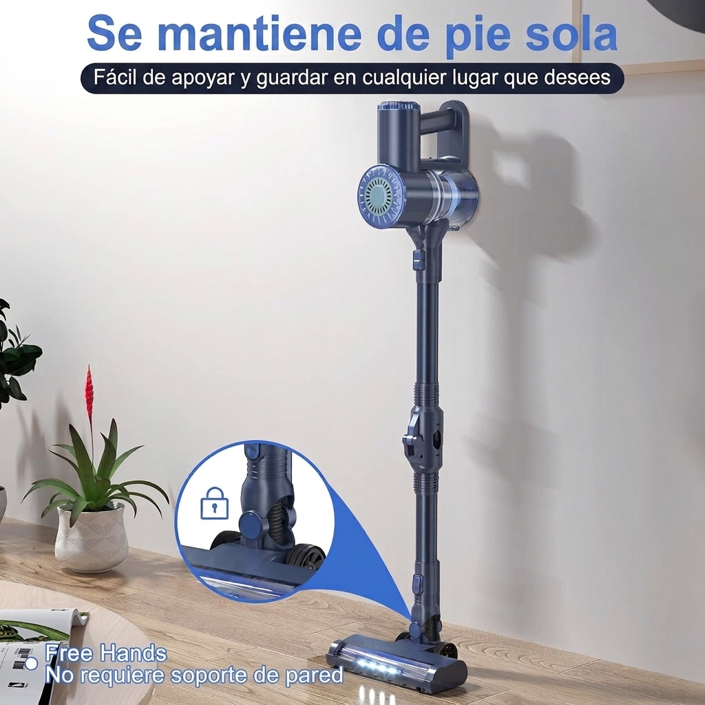Esta aspiradora inalámbrica multifuncional cuenta con un diseño ligero y compacto, seis funciones en una, gran potencia de succión, mango plegable de 180° y es recargable. Es ideal para limpiar suelos de madera y pelo de mascotas.