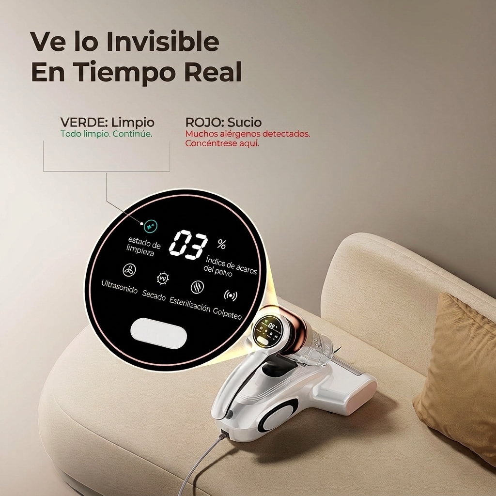 Aspiradora de ácaros con sensor de ácaros y pantalla LED inteligente, aspiradora de polvo de ácaros de 500 W con luz UV y ultrasonido, para alérgicos, elimina el 99,9 % de los alérgenos de colchones, camas y sofás