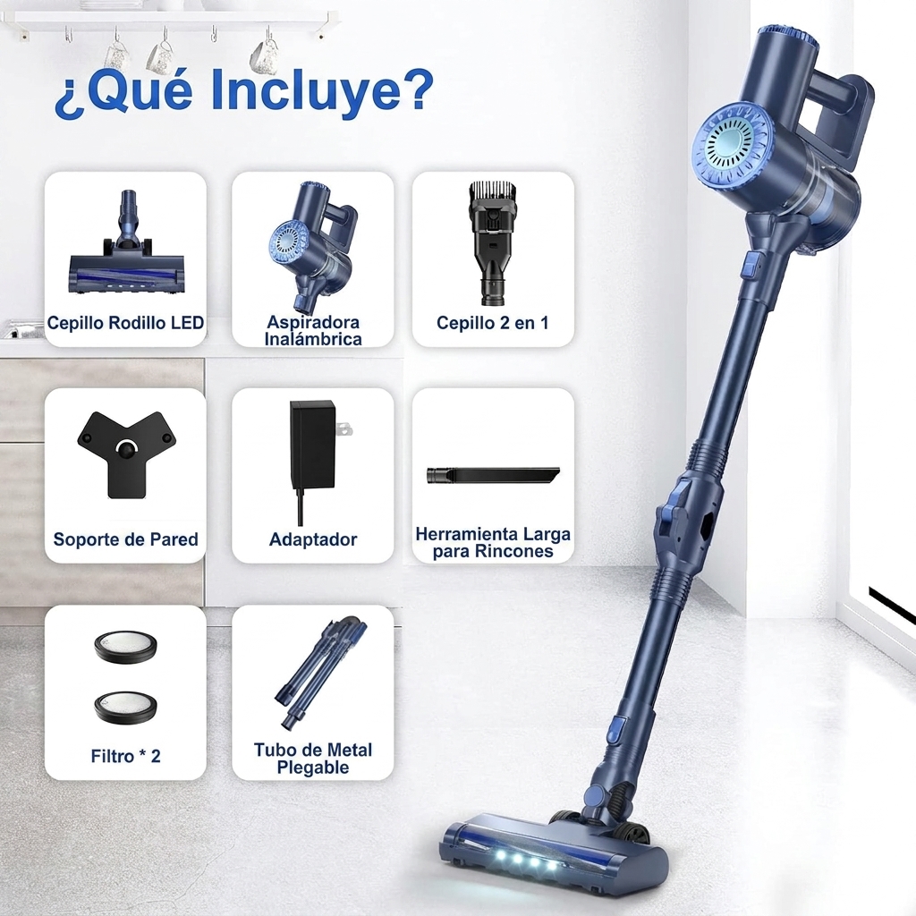 Esta aspiradora inalámbrica multifuncional cuenta con un diseño ligero y compacto, seis funciones en una, gran potencia de succión, mango plegable de 180° y es recargable. Es ideal para limpiar suelos de madera y pelo de mascotas.