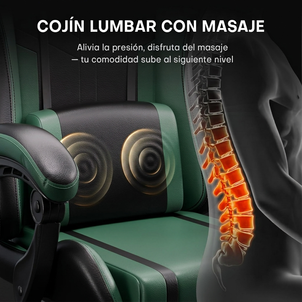 Silla Gaming con Masajeador, Silla Gamer con Cojín Lumbar Masajeador y Reposapiés, Sillón Gamer Ergonómica Altura Ajustable, Cadeira Gaming Negro y Verde