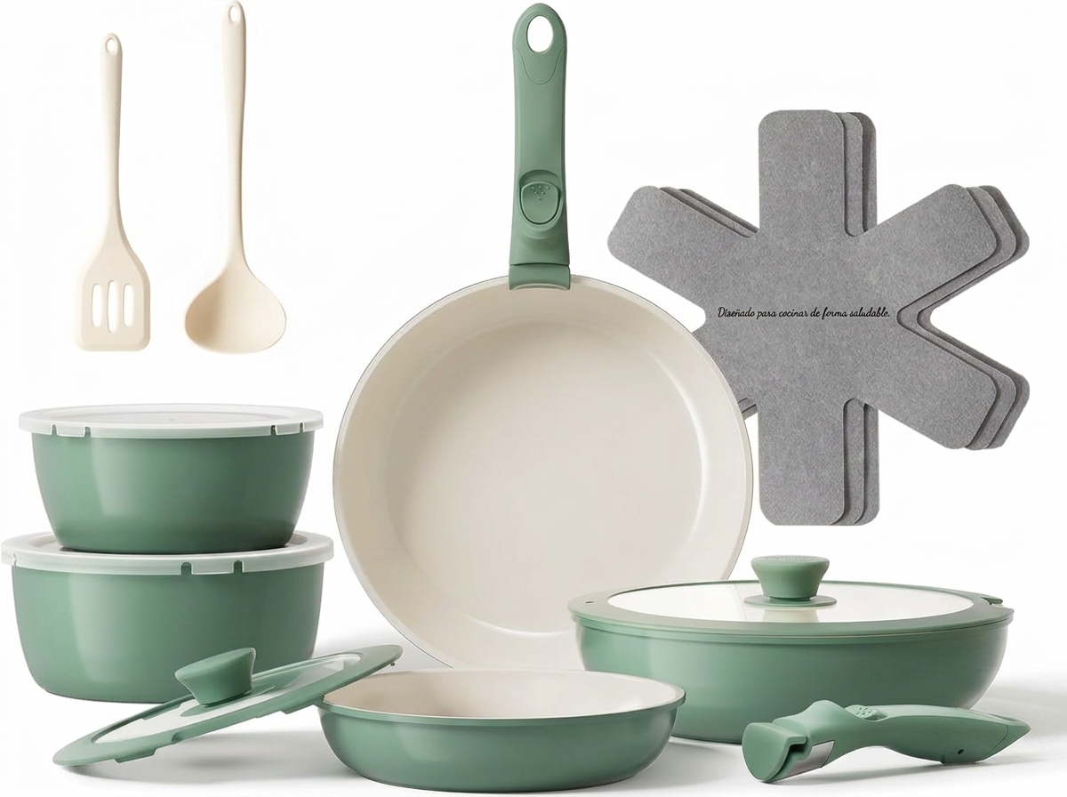 Set de sartenes y ollas, 16 pzas, antiadherente de cerámica, con asas desmontables; sartén 20/26 cm, sartén profunda 26 cm, olla 18/20 cm; set de ollas apilable para todas las cocinas, apto para horno