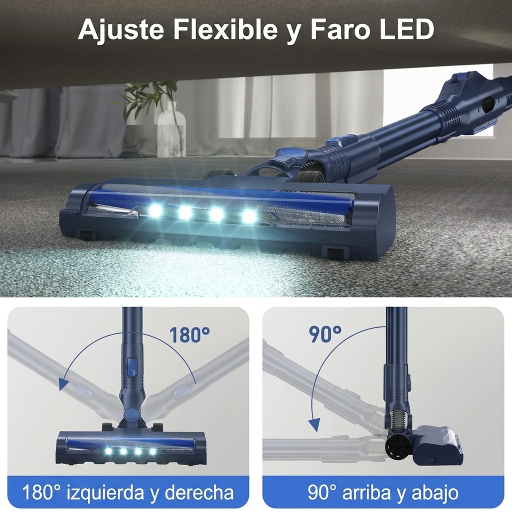 Esta aspiradora inalámbrica multifuncional cuenta con un diseño ligero y compacto, seis funciones en una, gran potencia de succión, mango plegable de 180° y es recargable. Es ideal para limpiar suelos de madera y pelo de mascotas.
