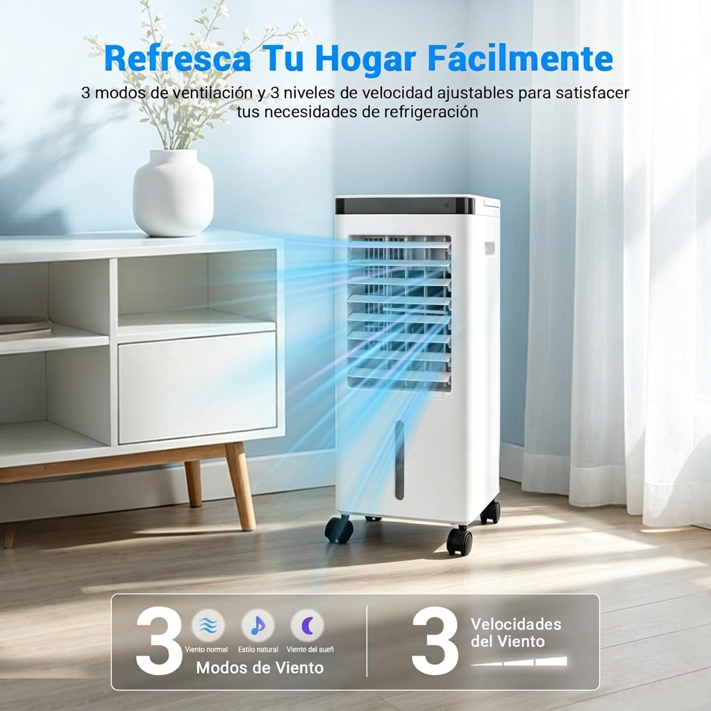 Ventilador con depósito de agua de 5L y 2 acumuladores de frío | 3 velocidades | Oscilación | Temporizador | Mando a distancia