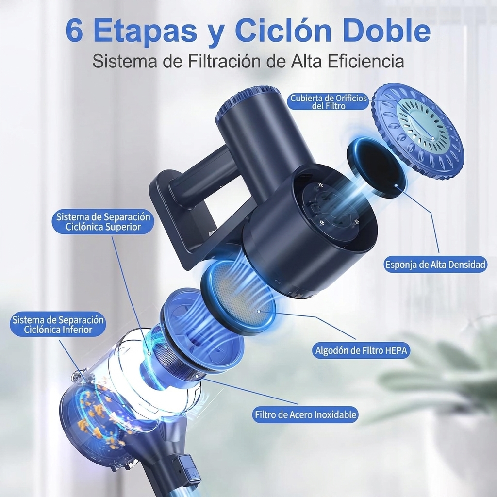 Esta aspiradora inalámbrica multifuncional cuenta con un diseño ligero y compacto, seis funciones en una, gran potencia de succión, mango plegable de 180° y es recargable. Es ideal para limpiar suelos de madera y pelo de mascotas.