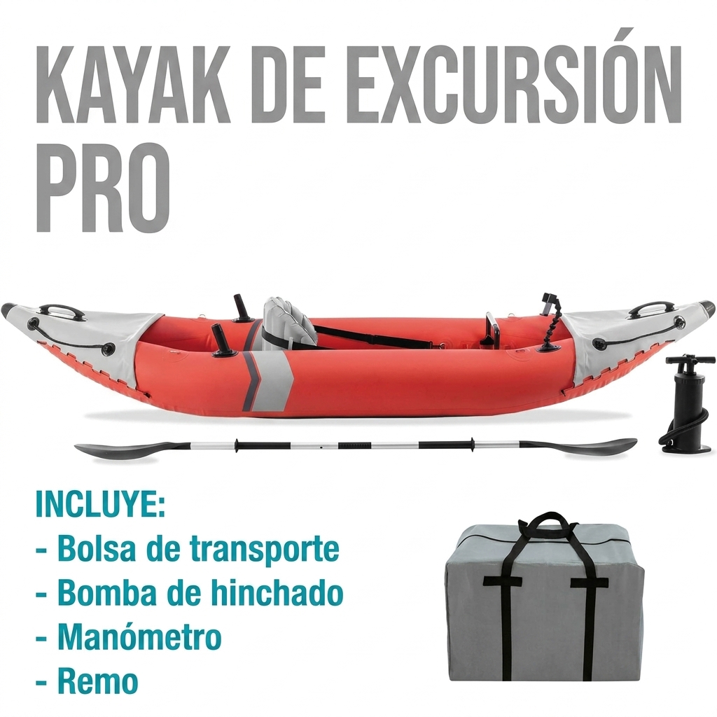 Kayaks hinchables individuales y dobles, que incluyen 1 remo y 1 bomba de aire.