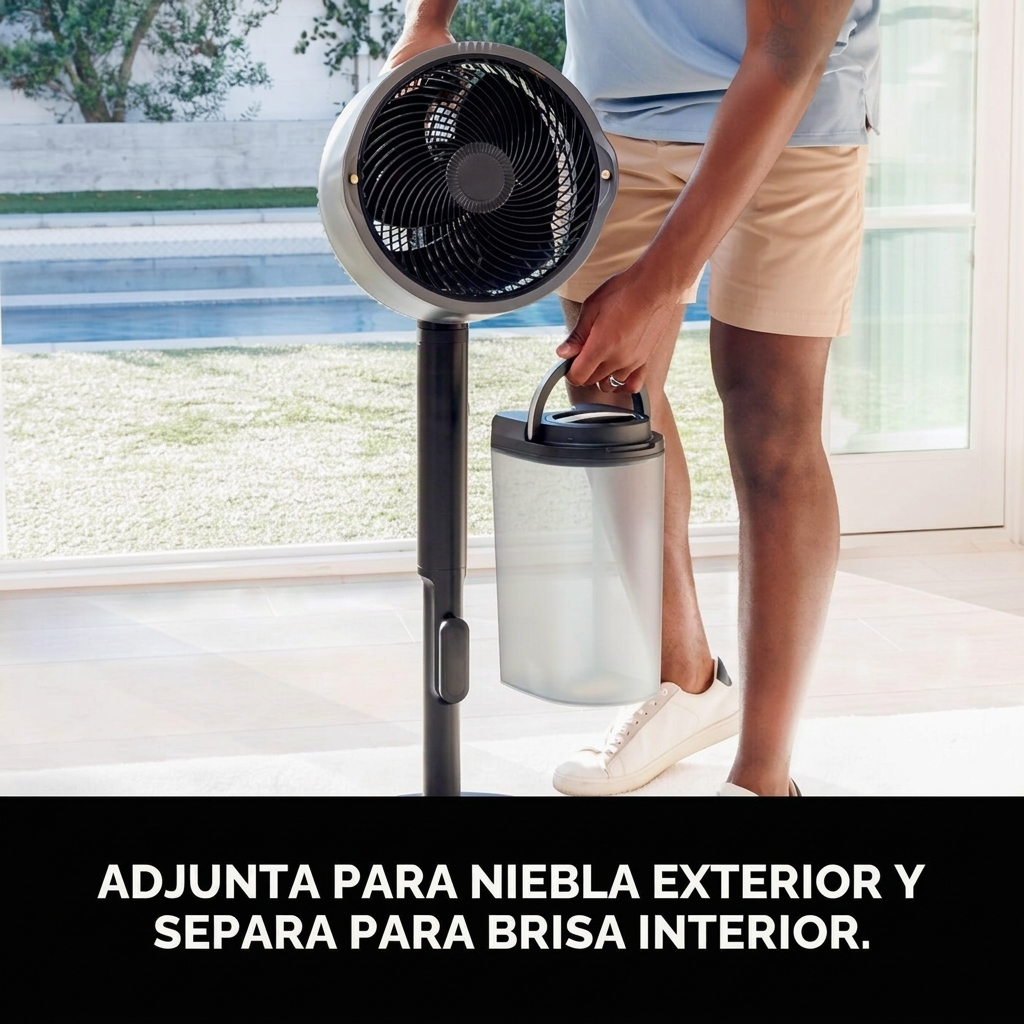 Ventilador inalámbrico para interiores y exteriores con sistema de nebulización al aire libre, alcance de enfriamiento de 20 m, tiempo de funcionamiento de 24 horas