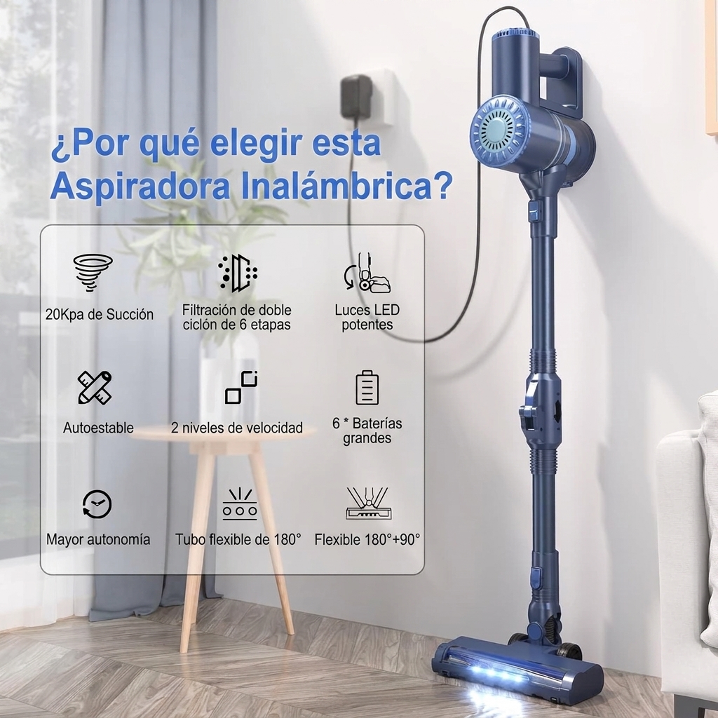 Esta aspiradora inalámbrica multifuncional cuenta con un diseño ligero y compacto, seis funciones en una, gran potencia de succión, mango plegable de 180° y es recargable. Es ideal para limpiar suelos de madera y pelo de mascotas.