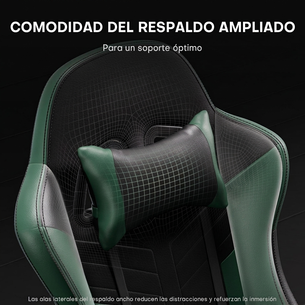 Silla Gaming con Masajeador, Silla Gamer con Cojín Lumbar Masajeador y Reposapiés, Sillón Gamer Ergonómica Altura Ajustable, Cadeira Gaming Negro y Verde