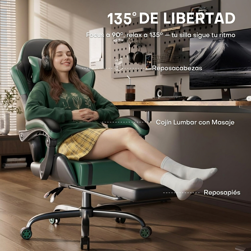 Silla Gaming con Masajeador, Silla Gamer con Cojín Lumbar Masajeador y Reposapiés, Sillón Gamer Ergonómica Altura Ajustable, Cadeira Gaming Negro y Verde