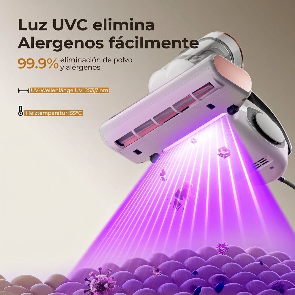 Aspiradora de ácaros con sensor de ácaros y pantalla LED inteligente, aspiradora de polvo de ácaros de 500 W con luz UV y ultrasonido, para alérgicos, elimina el 99,9 % de los alérgenos de colchones, camas y sofás