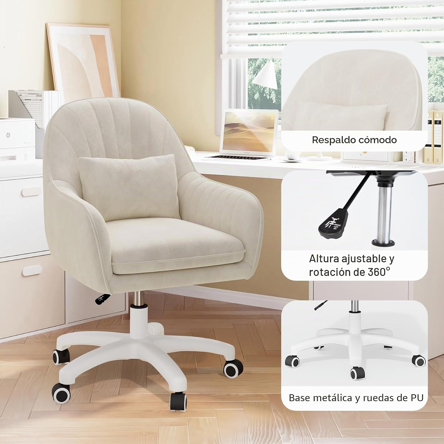 Silla giratoria para oficina en casa, silla de trabajo acolchada de terciopelo con ajuste de al., tocador con ruedas y cojín, silla de acento moderna con respaldo medio para dormitorio y sala de lectura, beige