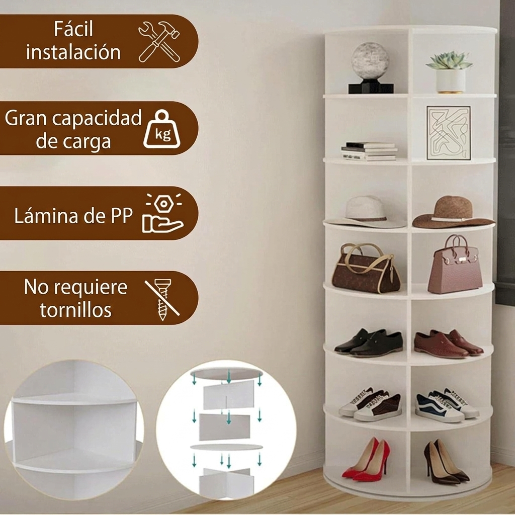 Zapatero giratorio de 360°, armario giratorio para zapatos de 7 niveles, 28 compartimentos, 147,4 × 59 cm, estante para zapatos que ahorra espacio, puede almacenar zapatos, bolsos y accesorios, blanco, adecuado para pasillos, dormitorios y armarios.
