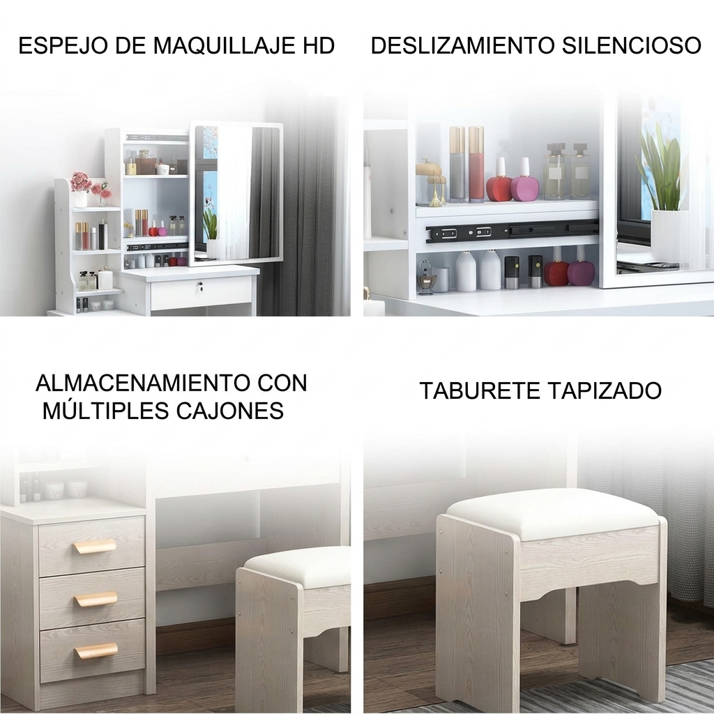 Tocador de maquillaje blanco con espejo y taburete – Mueble de tocador con cajones y estantes para cosméticos 80x36x131 cm