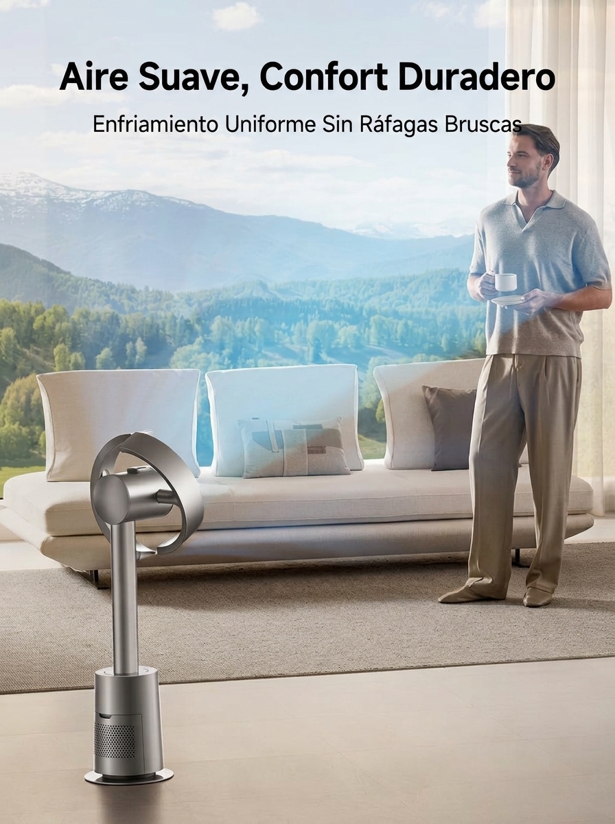 Ventilador de torre sin aspas de 270°, circulación de aire de 270° en toda la habitación, ventilador de suelo inteligente con función de sincronización de temperatura TempSync, tecnología de mejora del flujo de aire AirBoost, 10 velocidades, 3 modos, filt