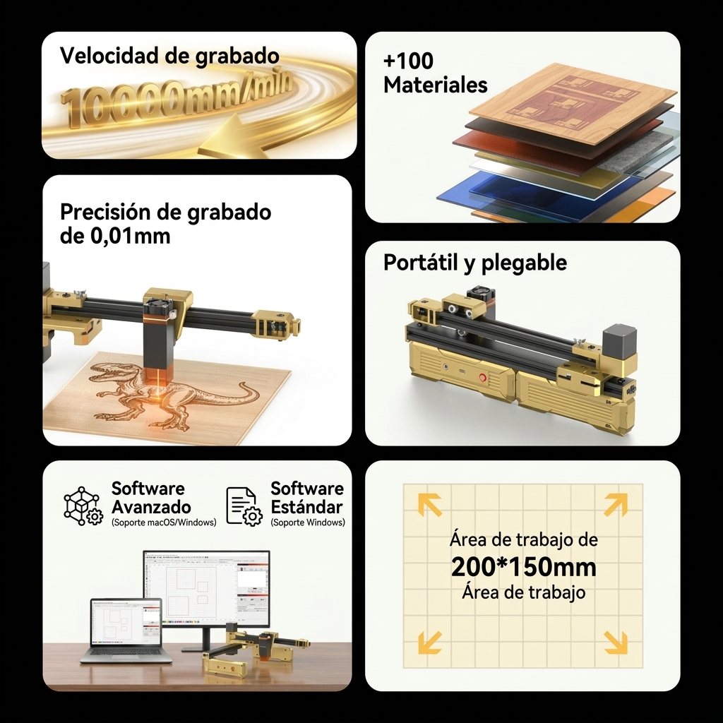 Máquina de grabado láser portátil con Wi-Fi, cuerpo plegable preensamblado, control mediante aplicación, precisión de grabado de 0,01 mm, velocidad de grabado de 10000 mm/min, apta para diversos materiales como madera, cuero, metal y acrílico; una potente