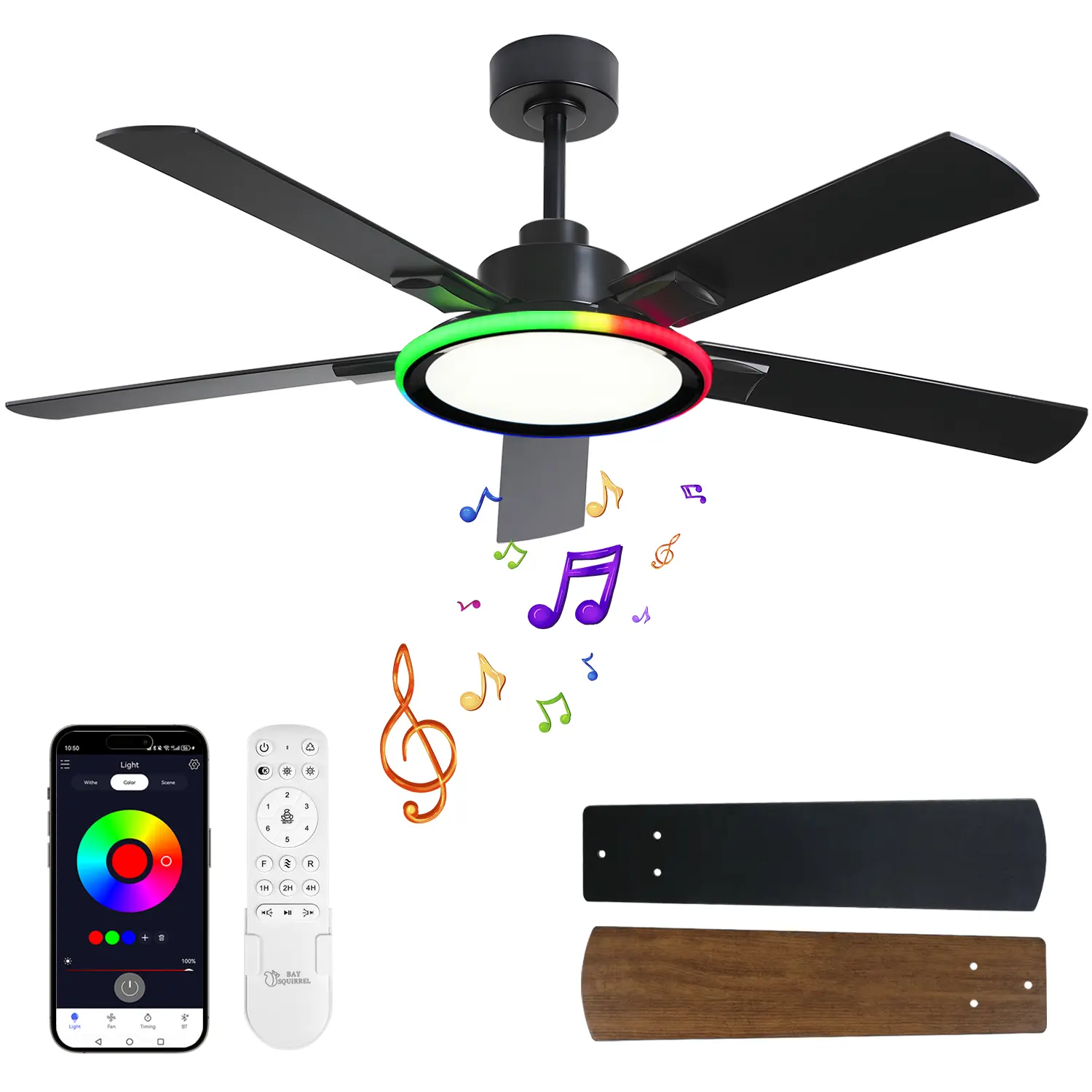 Ventilador de techo de 52 pulgadas con altavoz Bluetooth RGB