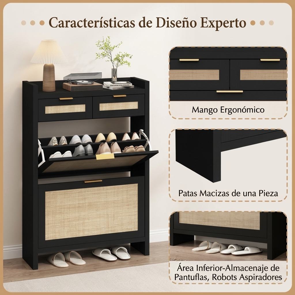 Zapatero de ratán tejido estilo bohemio con cajones (ideal para recibidor)
