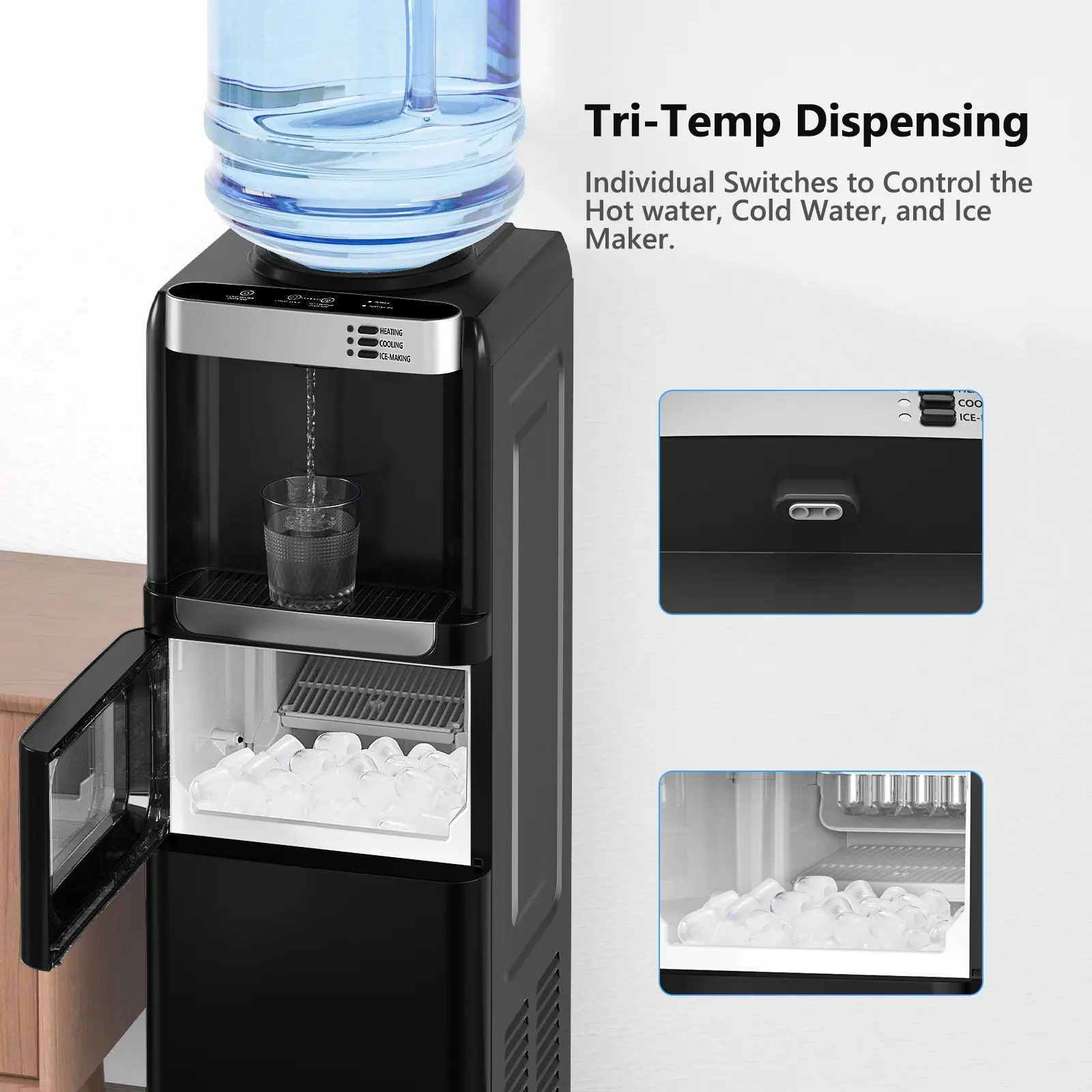 Dispensador de agua COWSAR con máquina de hielo: enfriador de agua fría y caliente