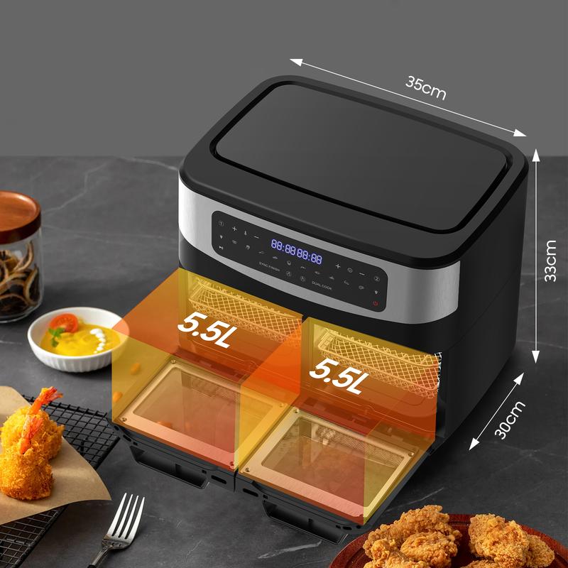 Freidora de aire XXL 12L con doble zona – 2600W Airfryer | Divisor extraíble y ventana de visualización | 10 programas automáticos con pantalla táctil LED | BBQ saludable sin aceite – Negro