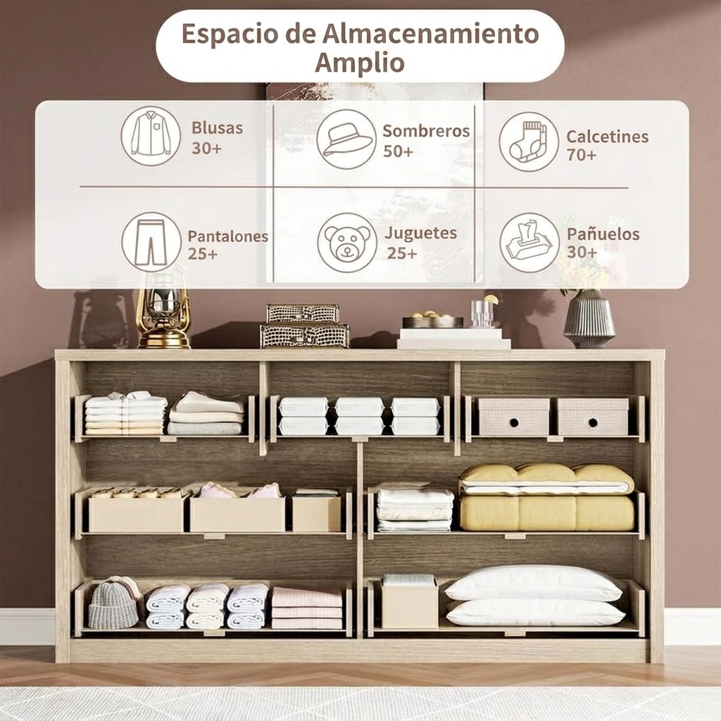Cómoda de 7 cajones para dormitorio, amplio baúl de madera sin tiradores, moderno armario de almacenamiento para sala de estar o recibidor.