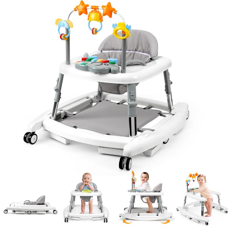 Andador unisex de plástico para bebés de 6 a 18 meses, andador plegable 5 en 1 con certificación de seguridad, 5 alturas ajustables, hamaca, música, bandeja de alimentación, reposapiés extraíble, andador inteligente portátil para niños y niñas.