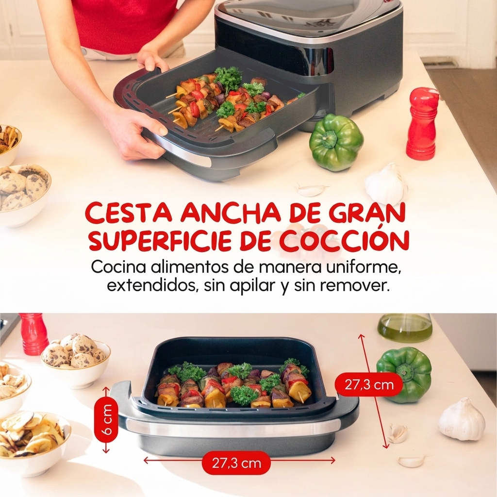 Freidora de aire inteligente y automática, superficie de cocción extragrande, doble resistencia, 10 programas automáticos, diseño compacto, ventana de visualización, color blanco.