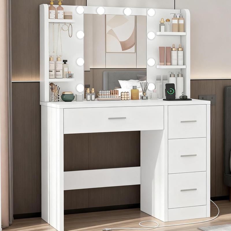 Moderno Tocadores De Maquillaje con espejo y luz,  con enchufe, mesa de tocador 4 cajones, 4 baldas abiertas, 5 ganchos para joyas, para dormitorio, blanco