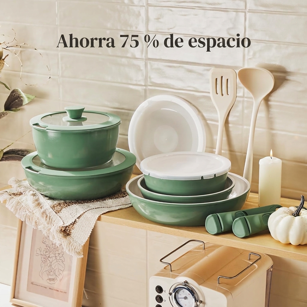 Set de sartenes y ollas, 16 pzas, antiadherente de cerámica, con asas desmontables; sartén 20/26 cm, sartén profunda 26 cm, olla 18/20 cm; set de ollas apilable para todas las cocinas, apto para horno