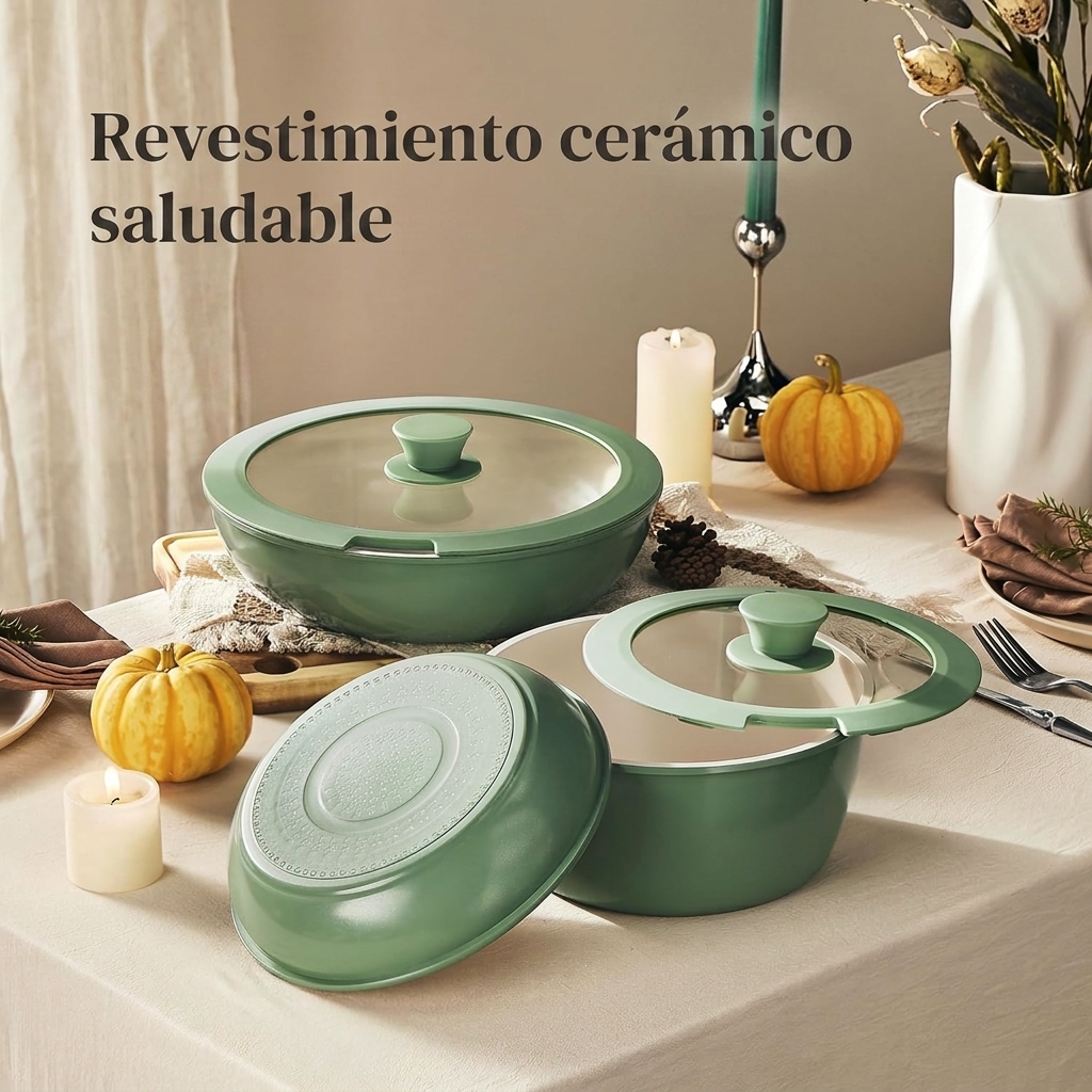 Set de sartenes y ollas, 16 pzas, antiadherente de cerámica, con asas desmontables; sartén 20/26 cm, sartén profunda 26 cm, olla 18/20 cm; set de ollas apilable para todas las cocinas, apto para horno