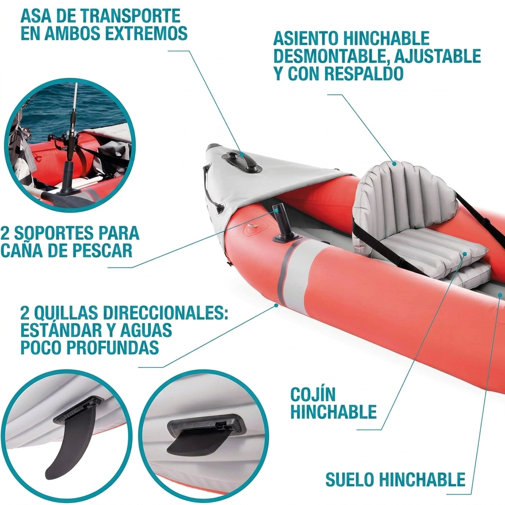 Kayaks hinchables individuales y dobles, que incluyen 1 remo y 1 bomba de aire.
