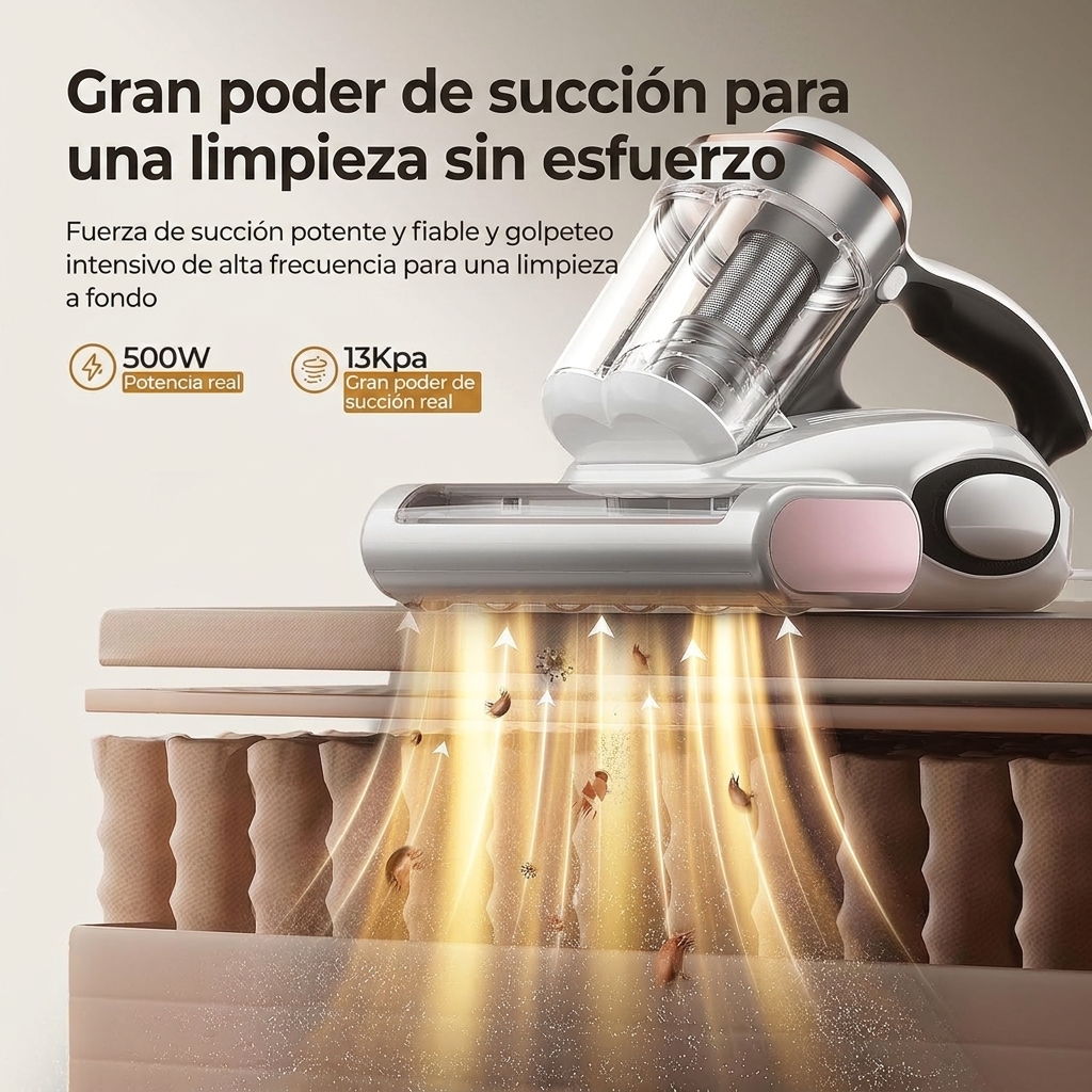 Aspiradora de ácaros con sensor de ácaros y pantalla LED inteligente, aspiradora de polvo de ácaros de 500 W con luz UV y ultrasonido, para alérgicos, elimina el 99,9 % de los alérgenos de colchones, camas y sofás