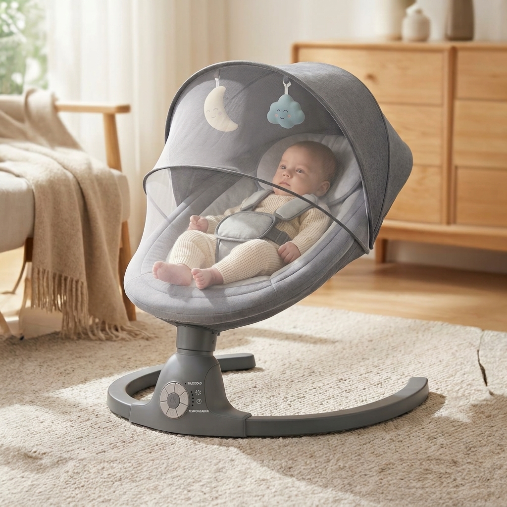 Silla Mecedora Eléctrica para Niños, Hamaca Bebé, Columpio Bebe, Hamaca eléctrica 0‑9 kg, Bluetooth, música, arnés 5 puntos, temporizador, Balancín cómodo y seguro