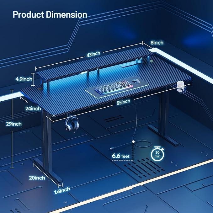 Mesa de juego multifuncional con 5 enchufes y luces LED; escritorio para juegos de ordenador con soporte para monitor; escritorio ergonómico de fibra de carbono para juegos; escritorio para oficina en casa con portavasos, gancho para auriculares y alfombr