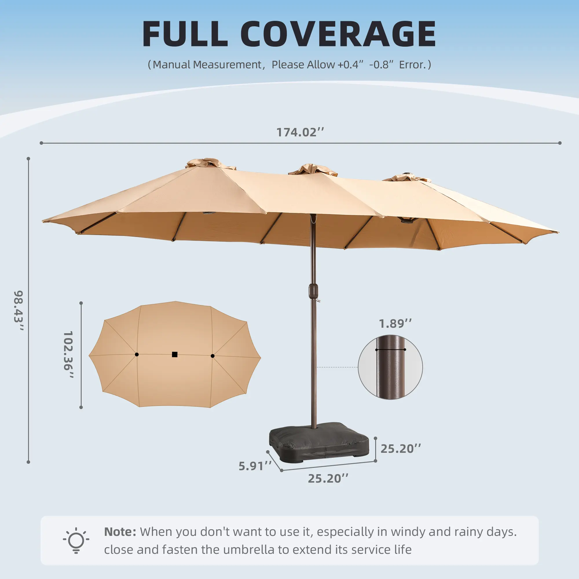Sombrilla de patio de 15 pies con base: impermeable y ajustable-Envío gratis