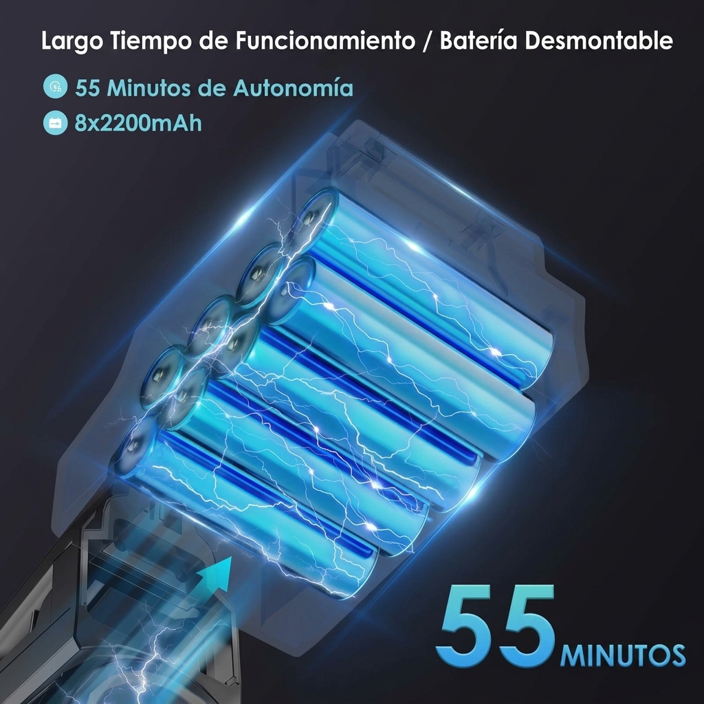 Aspiradora inalámbrica 6 en 1, potente succión, hasta 55 minutos de autonomía, equipada con pantalla inteligente y cabezal de cepillo antienredos.