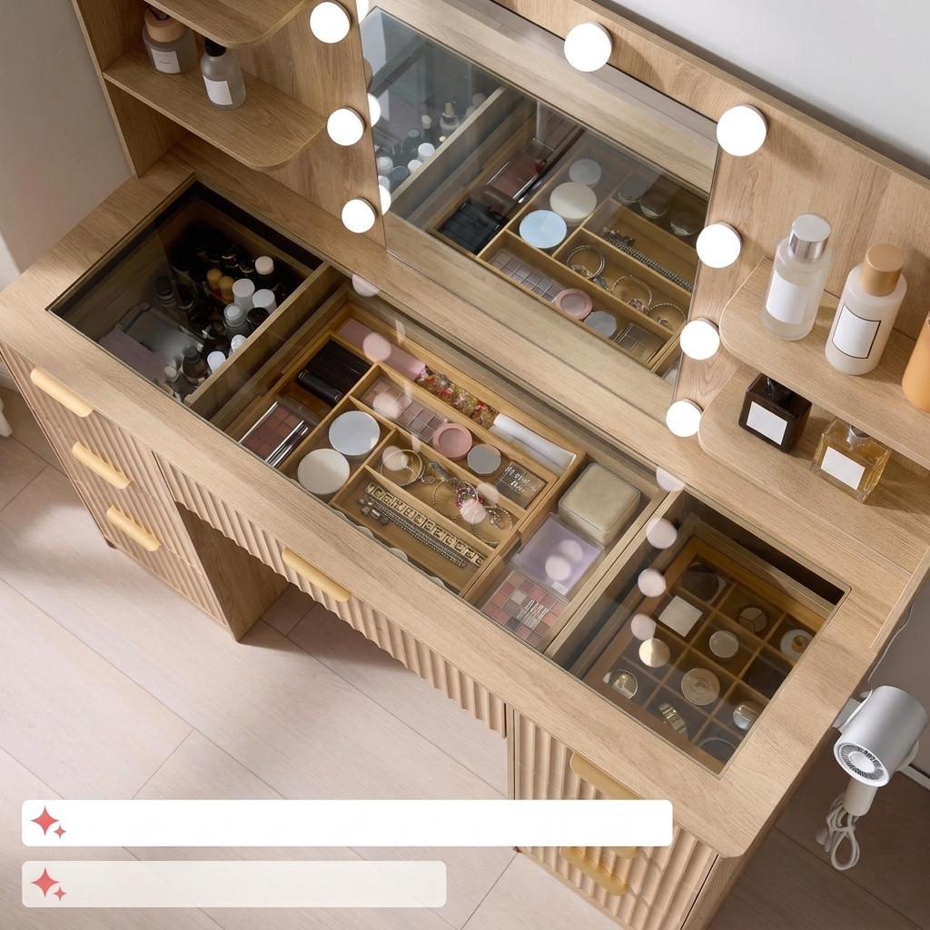 Tocador a rayas (con espejo y luz LED ajustable), con superficie de cristal y estación de carga, y un espacioso diseño de 4/7 cajones, perfecto para mujeres y niñas, adecuado para dormitorios o habitaciones de residencia estudiantil: un gran regalo/regalo