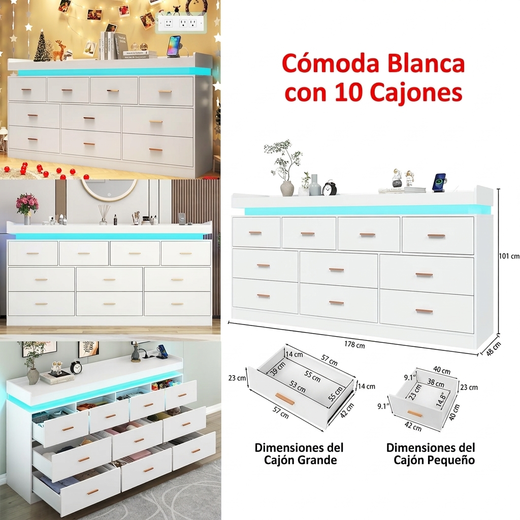 Cómoda con luz LED y estación de carga, cómoda moderna para armario, mueble organizador de cajones anchos para dormitorio, sala de estar, entrada y pasillo.