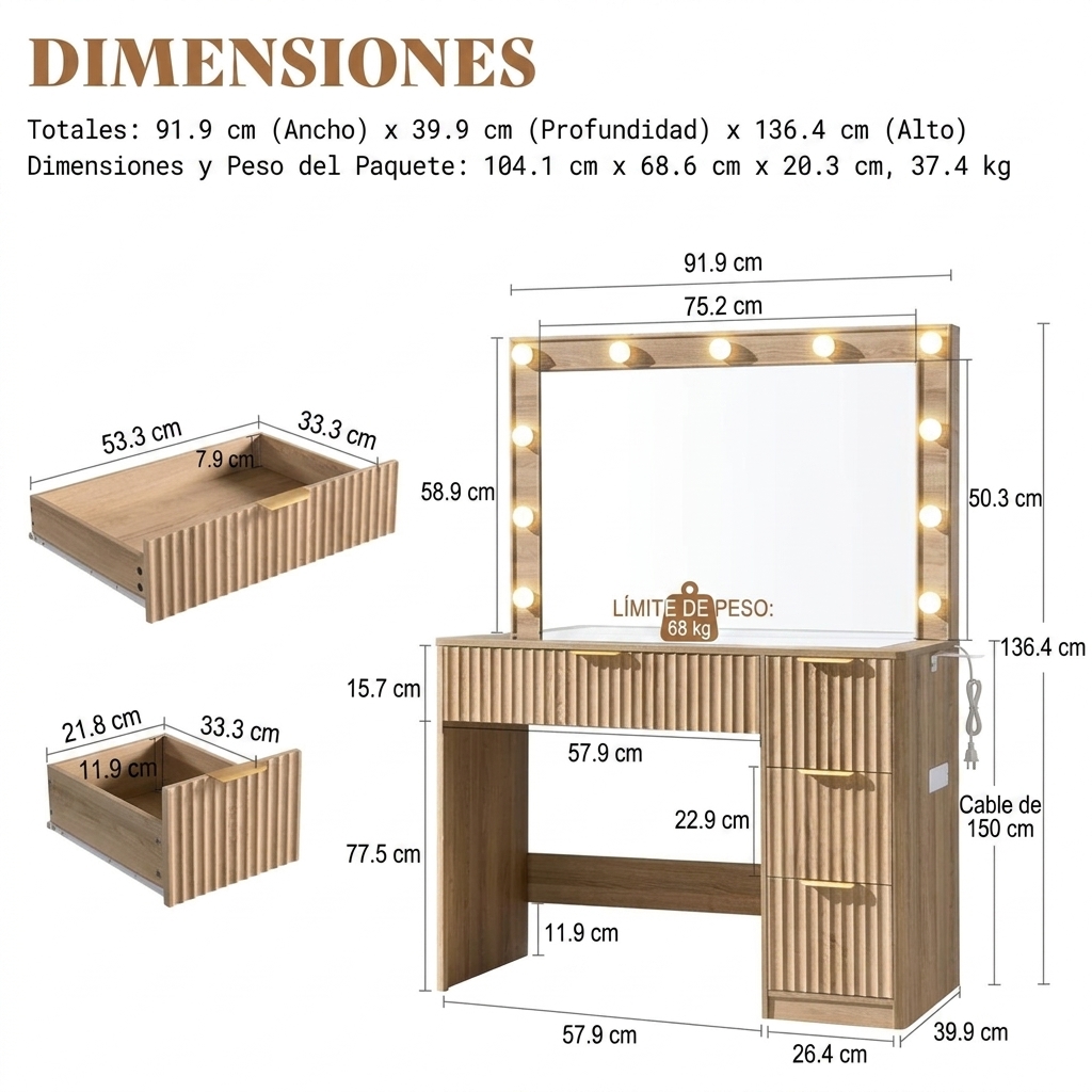 Tocador a rayas (con espejo y luz LED ajustable), con superficie de cristal y estación de carga, y un espacioso diseño de 4/7 cajones, perfecto para mujeres y niñas, adecuado para dormitorios o habitaciones de residencia estudiantil: un gran regalo/regalo