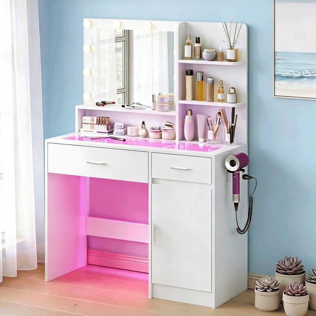 Tocador multifuncional con espejo, 3 modos de iluminación, 10 luces LED alimentadas por USB, tocador de 40 pulgadas, superficie de vidrio y toma de corriente, 36 modos de iluminación, cajones RGB ajustables, cómoda blanca para dormitorios de mujeres/niñas