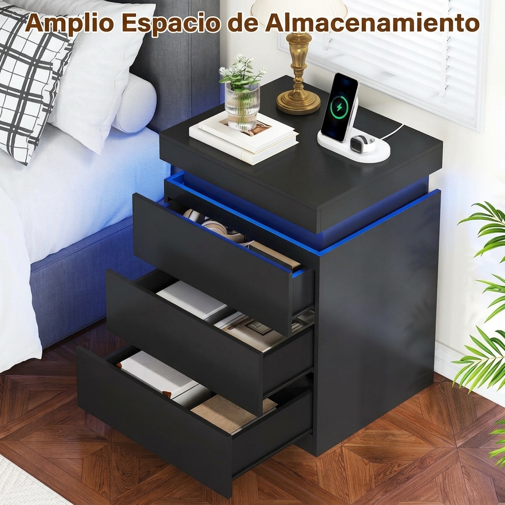 Mesita de noche con estación de carga y luces LED, mesa auxiliar con superficie deslizante para dormitorio, mesita de noche con cajones, mesa auxiliar moderna.