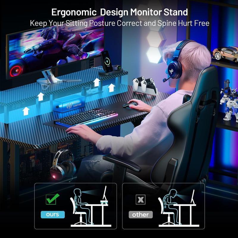Mesa de juego multifuncional con 5 enchufes y luces LED; escritorio para juegos de ordenador con soporte para monitor; escritorio ergonómico de fibra de carbono para juegos; escritorio para oficina en casa con portavasos, gancho para auriculares y alfombr