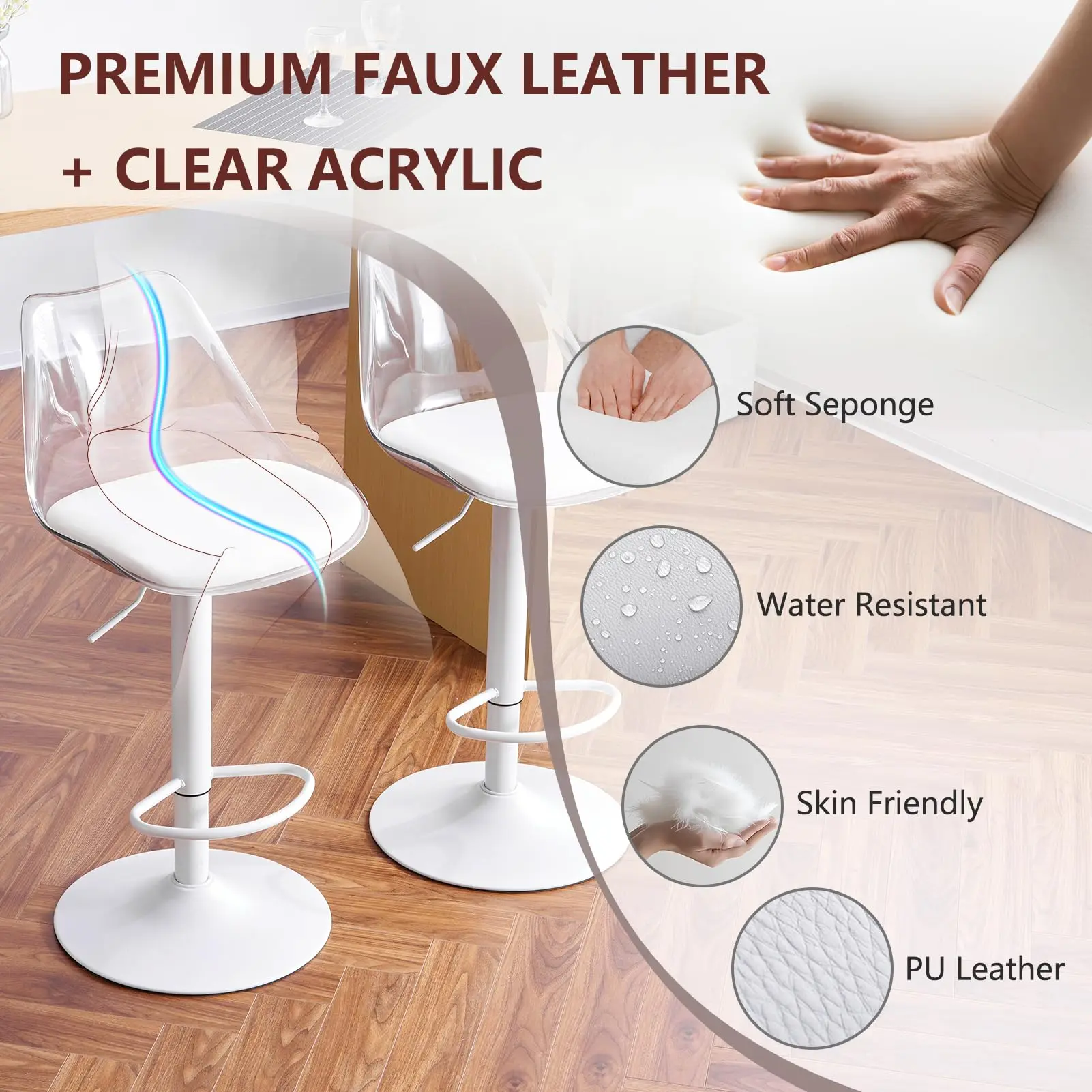 Juego de 2 taburetes de bar de acrílico transparente: giratorios y ajustables