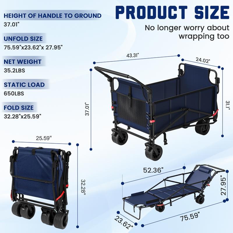 LEVELEVE Sturdy 2-in-1 Alloy Steel Heavy Duty Shopping Cart & Chair - 650LBS Capacity, Adjustable Backrest, All-Terrain Collapsible Foldable Rolling Trolley for Camping, Groceries, Shopping Carts, Heavy Duty Cart