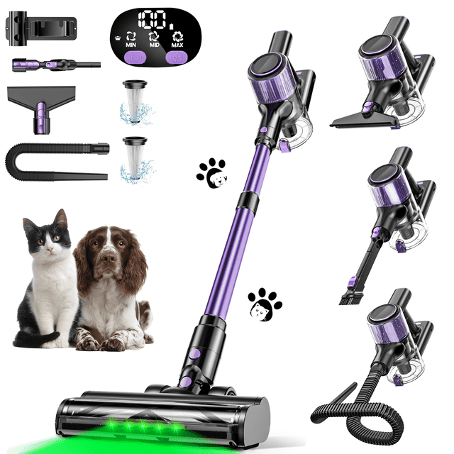 Aspiradora sin cable, recargable e inalámbrica, potente succión, ligero, pantalla LED, 3 modos de succión, batería desmontable, para suelos duros, alfombras y pelo de mascotas