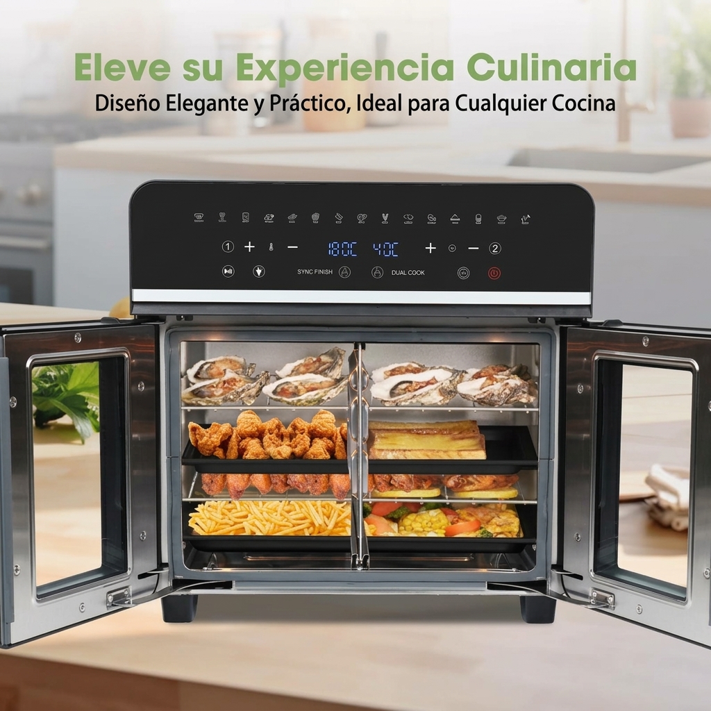 23L nuevo freidor de aire con cesta doble 2600W, mini horno de aire 23 litros, freidora de aire con pantalla táctil LED, 15 programas preestablecidos, 11 accesorios y 1 libro de recetas