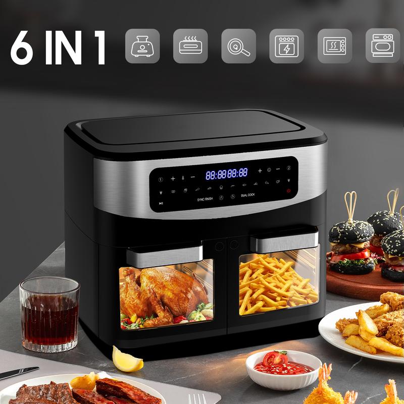 Freidora de aire XXL 12L con doble zona – 2600W Airfryer | Divisor extraíble y ventana de visualización | 10 programas automáticos con pantalla táctil LED | BBQ saludable sin aceite – Negro