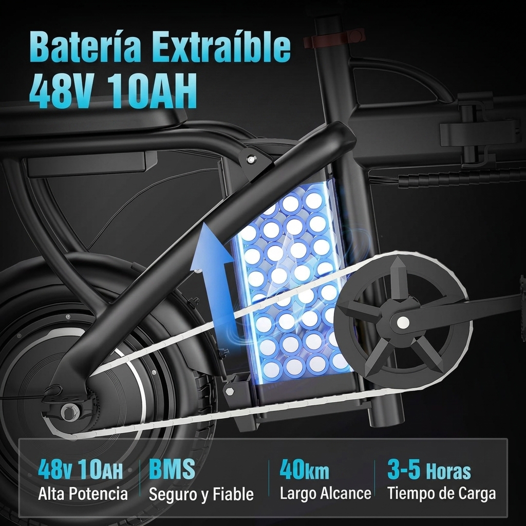 Bicicleta eléctrica plegable | Potencia máxima 1200 W | Neumáticos de 35,5 cm | Autonomía 35-64 km | Freno de disco trasero | Plegable | Dos plazas