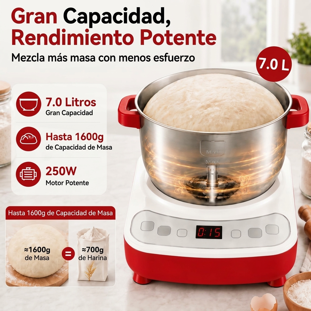 Máquina para Hacer Masa de Pizza y Pan, Amasadora Eléctrica 7L con Función de Fermentación, Bol de Acero Inoxidable 304, Tapa Extraíble y Panel Táctil, Ideal para Pizza Casera**